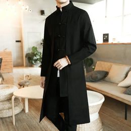 Men's Trench Coats Trench Coat Men Fake two Pieces Cardigan Kimono Coat Male Long Chinese Style Black Loose Vintage Cotton Linen 231116