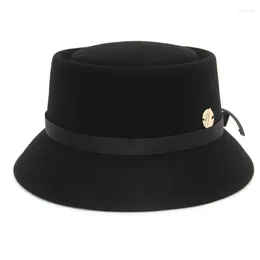 Berets Wool Hat Autumn Winter Female Flat Bucket Decorate Pork Pie Cap Street Fashion Bowler Hats With Belt All Match