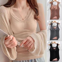 Women's Tanks Women Lace Warm Tank Top Vest With Chest Pads Plush Thickened Slim Fit Autumn And Winter Underwear Inner Wear
