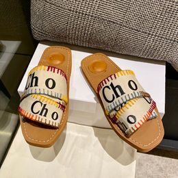 Top quality outdoors travel Slipper sandal WOODY canvas Summer beach womens flat sandale Mules luxurys printing slide Sliders Casual shoes With box