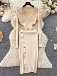 Two Piece Dress SINGREINY Irregular Casual Knit Long Elegant Women V Neck Sleeve Button Fashion Ladies Winter Sweater Dresses 231115