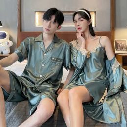 Women's Sleep Lounge Summer Couple Pyjamas Female Ice Silk Thin Section Sling Nightgown Robe Male Silk Short-sleeved Homewear Two-piece Suit zln231116