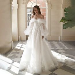 Elegant Long Wedding Dresses Off the Shoulder Tulle Full Sleeves with Lace Applique A Line Sweep Train custom Made for Women