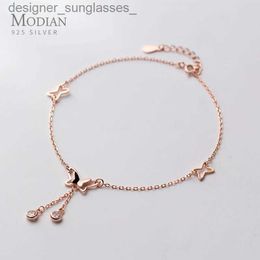 Anklets Modian Radiant Zircon Cute Butterfly Tassel Luxury Anklet for Women 925 Sterling Silver Adjustable Anklet Insect Fine JewelryL231116