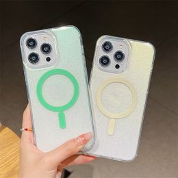 Transparente, magnetisch glänzende PC-Telefonhülle für iPhone 15 14 13 12 11 Pro Max Plus, schützen Sie die stoßfeste Rückseite, niedliche Frauen und Mädchen, funkelnd glänzende Bling Sparkle-Hüllen