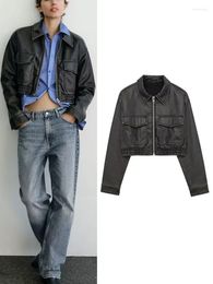 Women's Leather Autumn Faux Jackets Leisure Washed Double Pockets Fashion Women Short Coat Zipper Bomber Jacket