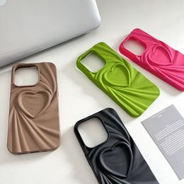 Solid Colour three-dimensional pleated silk heart for iPhone15ProMax mobile phone case Apple 14 soft protective case
