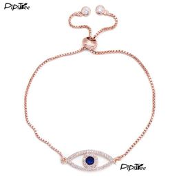 Charm Bracelets Pipitree Shiny Blue Zircon Evil Eye Charm Bracelet Femme Sier Gold Colour Copper Chain Link Women Bracelets Bangles Jew Dhlzr