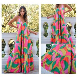 Casual Dresses Summer Dress Deep V-neck Backless Boho-style Long Skirt Colourful Print Sleeveless Pullover