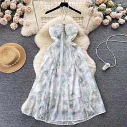 Casual Dresses Summer Vocation Elegant For Women Sequins Neck-mounted Spaghetti Strap Print Vestidos Mori Girl Style Dress Drop