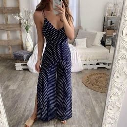 Women's Jumpsuits & Rompers Womens Summer Slim Sleeveless Bodycon Dot Romper V Neck Clubwear Bodysuit Long Pants Backless Split Wide Leg 202