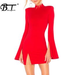 Casual Dresses Beateen 2023 Autumn Winter Long Flare Sleeve Bandage Dress Red Black Mini Bodycon Solid Mesh Insert Sexy Club Party