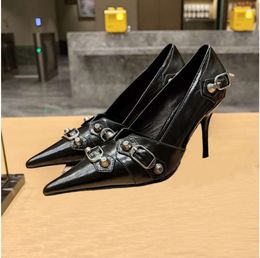 Designer High Heels Belt Buckle Rhinestone Decoration Formal Shoes Women's Leather Pointed Thin High-heeled Party Black Pumps Heeled Boat
