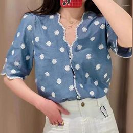 Women's Blouses Women Shirts 2023 Spring And Summer Scallop Edge V-neck Lace Daisy Flower Embroidery Shirt