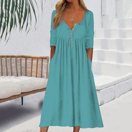 Casual Dresses Ladies Summer Sale Dress Button Front Solid Swing Half Sleeve Mid Length Woman Clothing Vestidos
