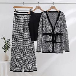 Women's Two Piece Pants Vintage Jacquard Knitted 3 Pant Sets Women 2023 Autumn Belted Cardigan Vest Wide Leg Outfits Matching Set Suits
