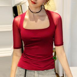 Women's T Shirts Red Black Elastic Mesh Shirt Women Spring Summer Square Neck Short Sleeve T-shirt Middle Slim Stretch Tops Ladies Tees