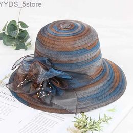 Wide Brim Hats Bucket Hats Summer Sun Beach Hats For Women Wide Brim Fedora Cap Ladies Beach Floppy Hat Bridal Church Hats Party Wedding Ribbon Fascinator YQ231116