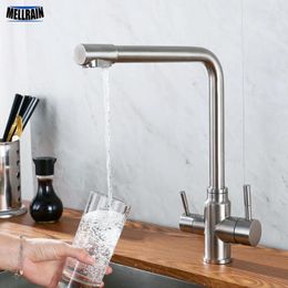 Kitchen Faucets Double Handles & Cold Drinking Water Faucet Stainless Steel Round Solid Sink Deck Mount Mixer 3 Ways Tap