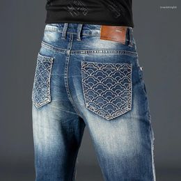 Men's Jeans Blue Fashion Stretch Pants Slim Ripped Hole Skinny Streetwear Denim Trousers Male Pocket Embroidery