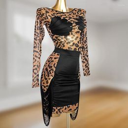 Stage Wear Female Mesh Leopard Latin Dance Skirts Black Fringe Latino Ballroom Dancewear Cha Samba Rumba Costumes ATL03