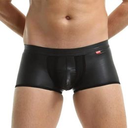 Underpants Sexy Men Trunks Stretch Faux Leather U Convex Pouch Boxer Briefs Shorts Mens Wet-Look Underwear Swimwear Slip Homme Boxershorts