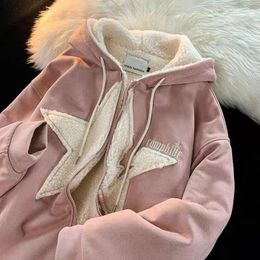 Women's Jackets Star Hoodie American Style Retro Five Pointed Plush Thickened Lamb Wool Coat Women Autumn And Winter Loose Lazy
