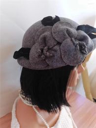 Berets Grey Wool Evening Party Cap Victorian Mediaeval Hats Vintage Girls Bohemia Floral Chapeau