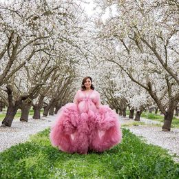 Party Dresses Extra Fluffy Pink Tulle Robes For Po Shoot Long Sleeves See Thru Women Maternity Dressing Gowns Plus Size Prom