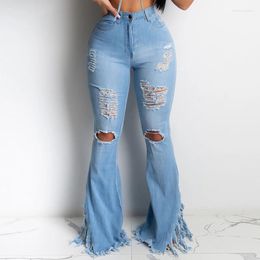 Womens Jeans Sexy Denim Ripped Women Flared Pants Knee Cut Hole Destroyed Slim Boot Trousers Wide Leg Bell Bottom Fashion Club