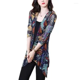 Women's Jackets 2023 Summer Casual LooseLady Outer Shawl Mid-length Nine-point Sleeve Thin Coat Printed Mesh Cardigan Sunscreen Slim Top