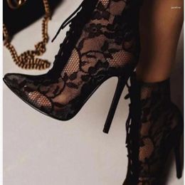 Dress Shoes Black Mature Mesh Women Boots High Heel Pumps Floral Lace-Up Thin Heels Ankle Pointed Toed Party Wedding