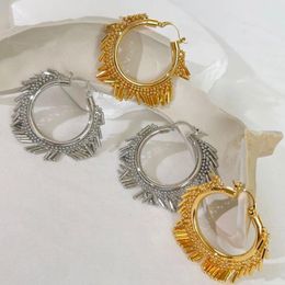Hoop Earrings Ethnic Gold Color Metal Tassels Big Circle Round For Women Waterproof Stainless Steel Ear Buckle Vintage Jewelry