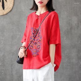 Women's Blouses Vintage Chinese Embroidery Blouse Women O Neck Summer Tops Cotton Loose Ladies Short Sleeve Oversized Casual Clothing A79