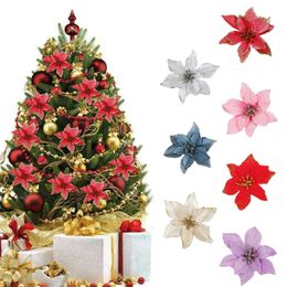 Decorative Objects Figurines Glitter Christmas Flower Artificial Flowers Merry Decorations Home Xmas Tree Ornaments 12pcs 231115