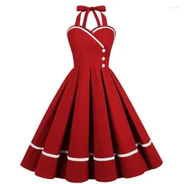 Casual Dresses Robe Pin Up Rockabilly Party 50s 60s Women Pleated Strapless Cotton Red Green Pink V Neck Femme Vintage Dress