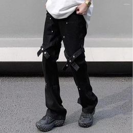 Men's Jeans Knee Sashes Button Straight Black Casual Unisex Y2K Streetwear Oversized Baggy Denim Trousers Flare Cargos