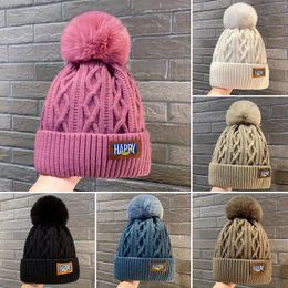 BeanieSkull Caps Korean Knitted Cold Hats Faux Fur Embroidery Letter Beanie Female Soft Solid Colour Crochet Cap Winter Plus Velvet Warm Wool Hat 231116