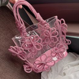 Evening Bag Summer Transparent PVC Diamond Pink Bow Handbags and Purse Women Luxury Tote Bags Wedding Party Ins 231115