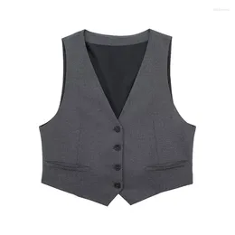 Women's Vests 2023 Slim For Women Grey Sleeveless Jacket Waistcoat Autumn Cropped Vest Woman Basic Button