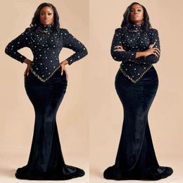 African Black Prom Dresses High Neck Long Sleeves Mermaid Pageant Dresses Elegant Glamourous Nigeria Evening Dress Arabic Gowns