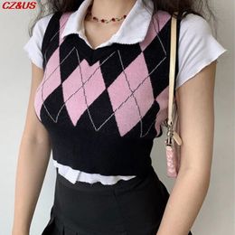 Womens Vests Fashion Vest Autumn Vneck Tops vintage argyle Sweater For Women Pink Sleeveless Plaid Knit Cardigan Casual 231116