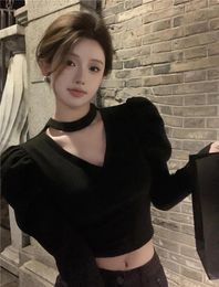 Women's Sweaters Korean V Neck Pull Sleeve T-shirts Women Spring Clothing Halter Sexy Short Fit Tops Chic Hollow Out Solid Streetwear