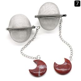 Pendant Necklaces Style 6Pcs/Lots Natural Crystal Red Jasper Stone Moon Shape Filter Ball 304 Stainless Steel Tea Soup Pot Spice FilterPenda