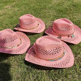 Wide Brim Hats Bucket Hats New Pink Hollow Weave Cowboy Hat Str Hat Star Jazz Str Hat Panama Paper Grass Western Denim Hat Fashion Travel Hat Wholesale YQ231116