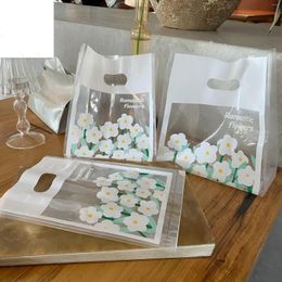 Gift Wrap 50pcs Transparent Flower Plastic Bag With Handle Dessert Baking Take-out Thickened Food Packaging Bags