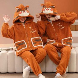 Women's Sleep Lounge Couple Pyjamas Sets Warm Thick Flannel Sleepwear Plush Winter Zipper Pyjama Sets Cartoon Tiger Hooded Female Male Lovers Pyjamas zln231116