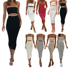 Casual Dresses Bathing Dress Women Summer Strapless Knitted Long Off Shoulder Striped Cutout Midi Formal Gown