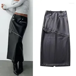 Skirts Women Faux Leather Skirt 2023 Autumn Senior Cut Detachable Zipper High Rise Female Fitted Casual Slit Hem