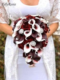 Wedding Flowers EillyRosia Cascade Burgundy Bridal Buquet For Bride Teardrop Calla Lilies Roses Elegant Brooch Bouquet Fleur Artificielle